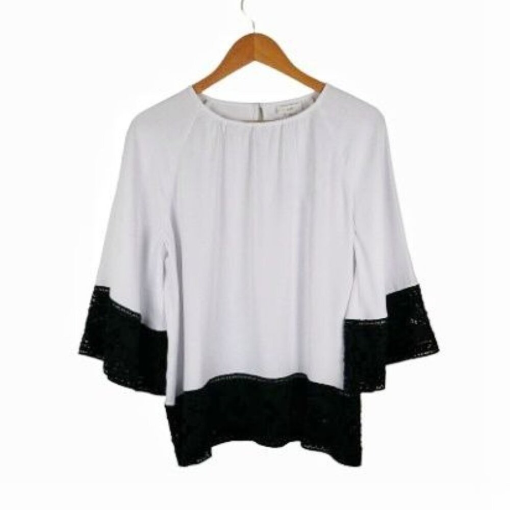 J. Jill for Christian Siriano Lace Trimmed Blouse Black White Medium Petite